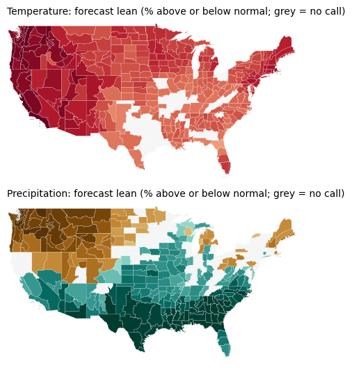 Maps of the forecast lean and, when available, the observed outcome for temperature and precipitation, OND 2026