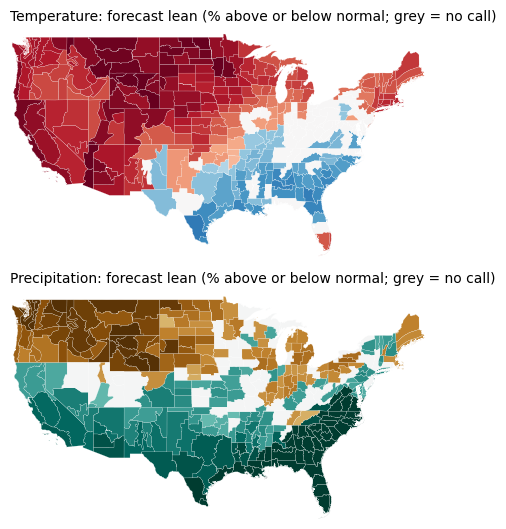 Maps of the forecast lean and, when available, the observed outcome for temperature and precipitation, NDJ 2026-27