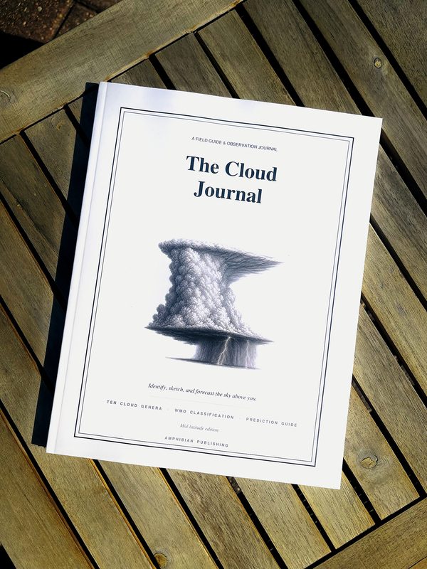 The Cloud Journal paperback, front cover, on sunlit wood slats